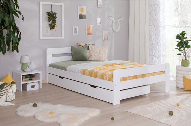 TiCAA Bert Massivholz Bett aus Kiefer in Weiß - Bild 1