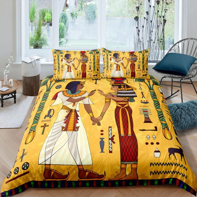 Bettwäsche Set Ägyptischer Pharao von Your Warm Home, 3-teilig mit Bettbezug und Kissenbezügen, Design Königin des alten Ägypten, Farbe Gelb, Material Polyester, B/H: 140 x 200 cm - Bild 1