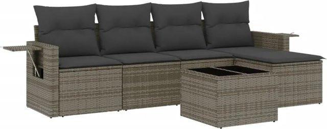 vidaXL 6-teilige Garten-Sofagarnitur aus grauem Poly-Rattan mit Kissen und pulverbeschichtetem Stahlgestell - Bild 1