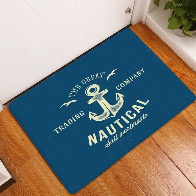 Karpetti Fußmatte Nautisches Anker-Design in Weiß und Marineblau, rutschfest und waschbar, B/B: 60 x 90 cm - Bild 1