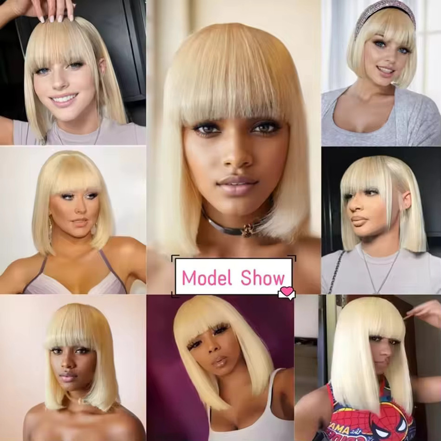 OYM HAIR Bob-Perücke, blonde Echthaar-Perücke, kurz, mit Pony - Bild 4