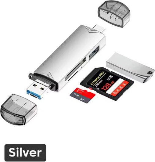 Kebidumei 6-in-1 Kartenleser USB 3.0 auf USB-C, Micro-USB und USB-A, Multifunktionaler OTG-Adapter für SD und TF Karten in Silber/Grau - Bild 1