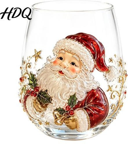 SUNJOY HOUSE Weihnachtlicher Glasbecher mit 3D-Weihnachtsmann-Muster, bauchige Teetasse aus transparentem Glas mit Weihnachtsbaum und Kranz-Design - Bild 1