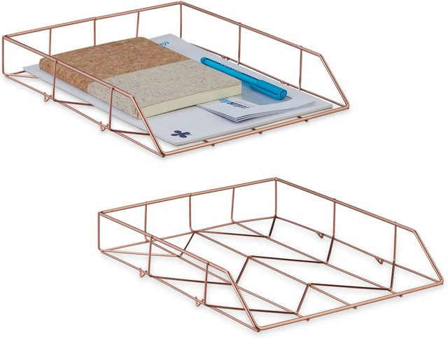 Relaxdays Briefablage aus Eisen in Roségold, 2er Set, Metallkorb-Optik, B: 26 cm, T: 5,5 cm, H: 31,5 cm - Bild 1