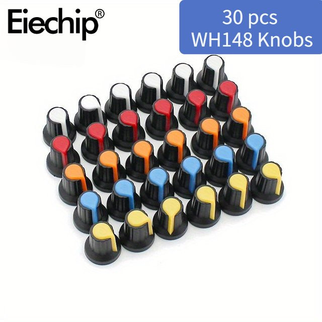 30er Set WH148 Potentiometer-Knöpfe aus Kunststoff in 5 Farben, B/T/H: 1,5 x 1,7 cm, Set mit Gelb, Orange, Blau, Weiß und Rot - Bild 1