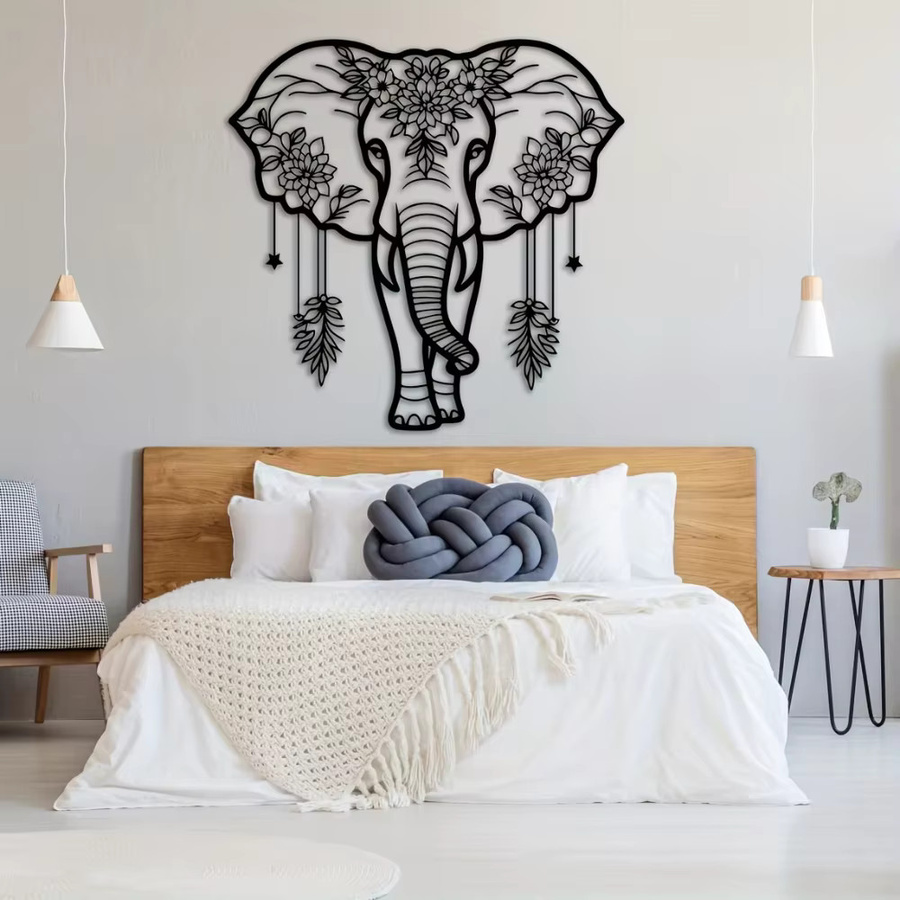 CIFBUY Handgefertigte Elefanten-Wandkunst aus Schmiedeeisen in Schwarz mit floralem Boho-Design - Bild 3