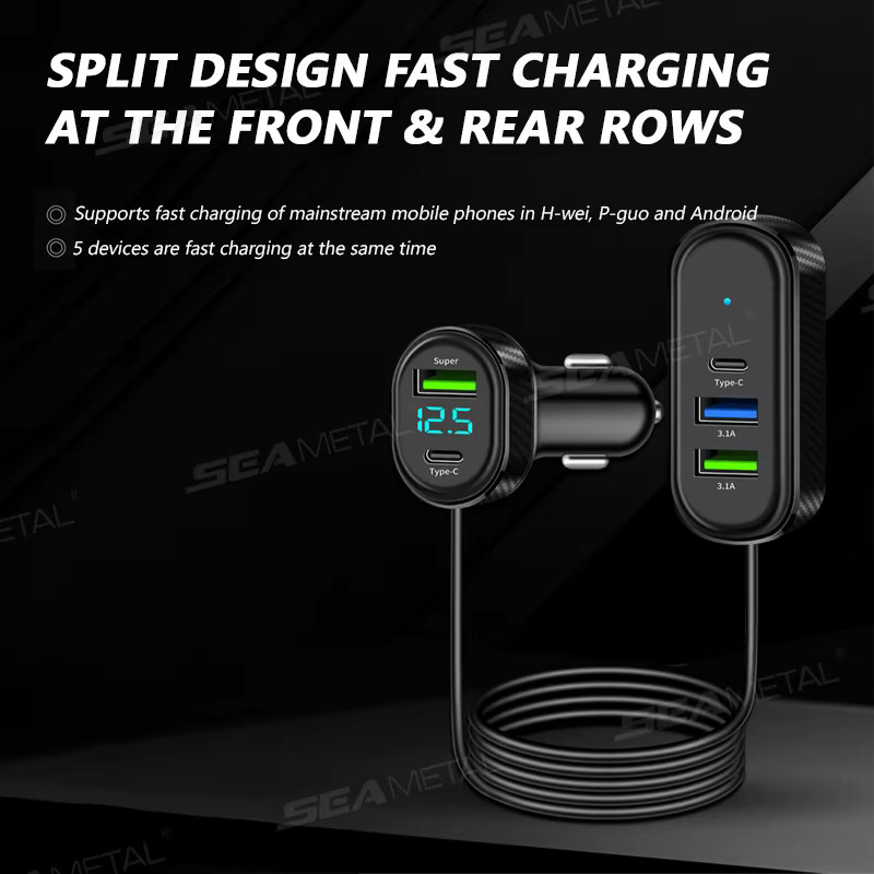 SEAMETAL 5-in-1 Auto-USB-Ladegerät mit 66 W Schnellladung, 5 Anschlüssen inklusive USB-C und USB-A, Schwarz, 150 cm Kabellänge - Bild 2
