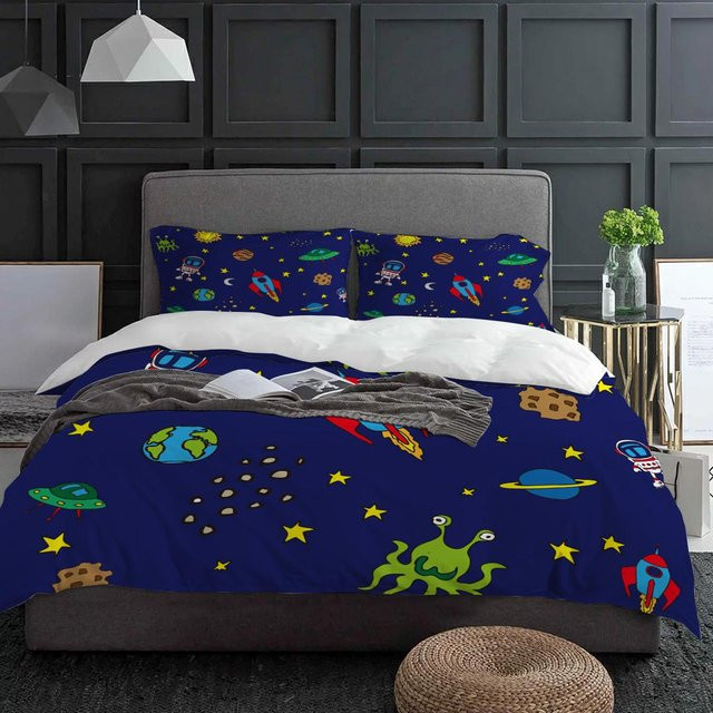 JMG Household Supplies Bettwäsche Set Weltraum Astronaut Rakete Mond Planet Blau, 3-teilig, B/H: 135 x 200 cm - Bild 1