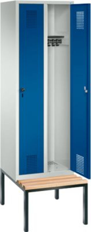 C + P Garderobenspind Evolo S 3000 aus Stahl mit integrierter Sitzbank, 2 Abteile mit Sicherheitsdrehriegelverschluss, Lichtgrau RAL 7035 und Enzianblau RAL 5010 - Bild 3