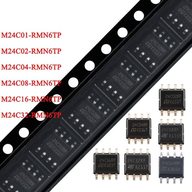 10 Stück EEPROM Speicher IC Set in Schwarz, SOP-8 SMD, verschiedene Kapazitäten 24C01RP bis 24C64RP sowie M24C04-RMN6TP und M24C32-RMN6TP - Bild 1