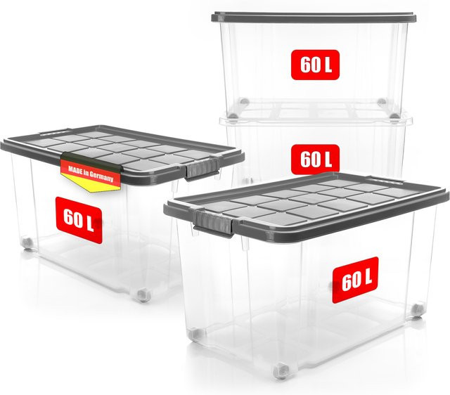 BigDean 4er Set Aufbewahrungsboxen mit Deckel und Rollen, 60 l, Stahlgrau und Transparent, stapelbar - Bild 1