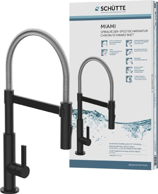 Schütte Küchenarmatur Miami mit Spiralfeder-Geschirrbrause aus Messing in Chrom und Schwarz Matt - Bild 1