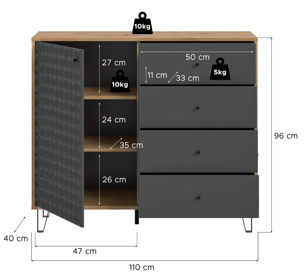 Kommode Relief in Grau und Eiche, Breite: 110 cm - Bild 4