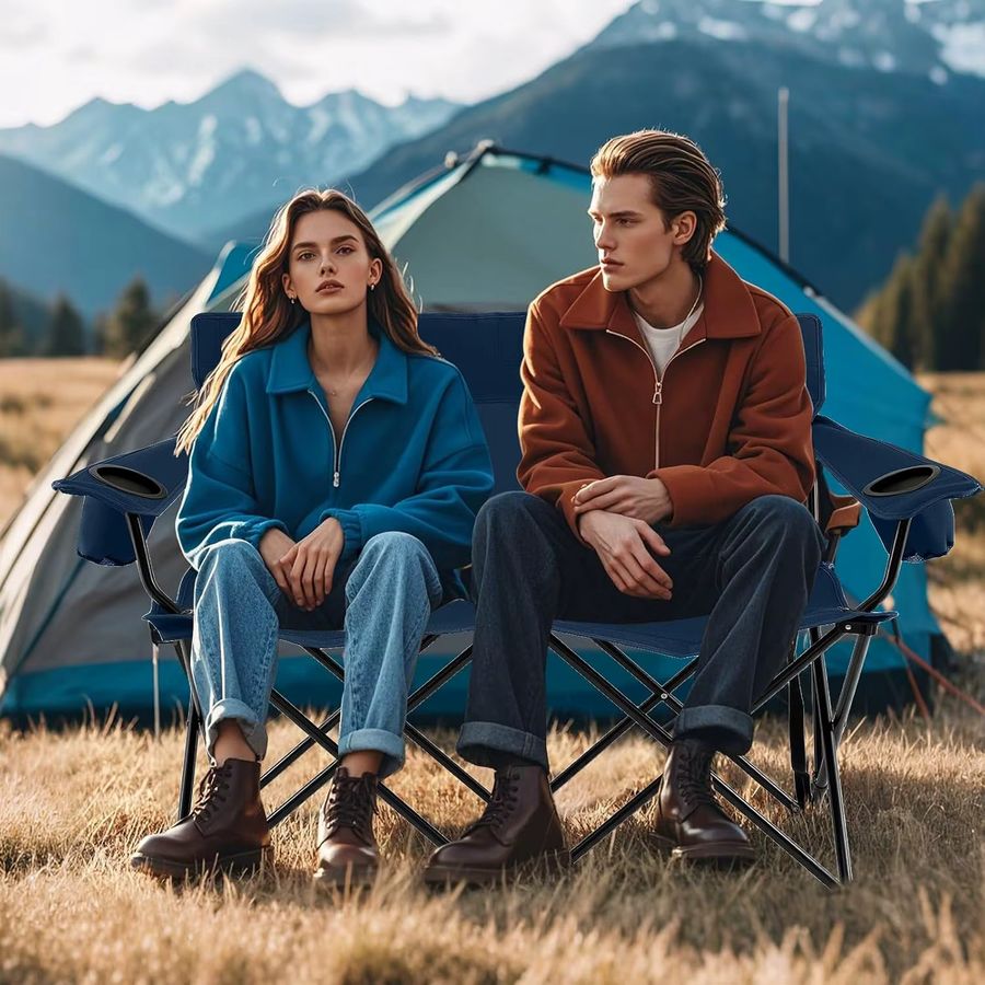 GOFLAME Campingstuhl für 2 Personen, klappbares Campingsofa mit Getränkehaltern und Armlehnen, Blau - Bild 2