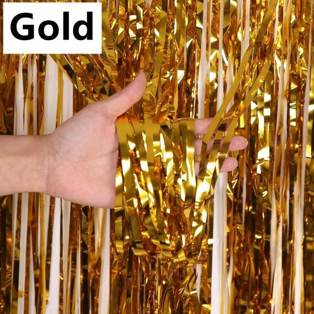 2er-Pack Metallfolie Fransen Lametta Vorhang von wwbig in Gold für Geburtstag, Hochzeit und Baby Shower inklusive Klebeband - Bild 1