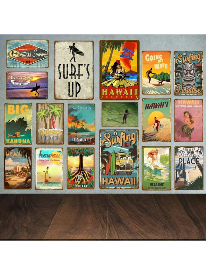 Vintage Hawaii Surfs Up Beach Willkommen Metallschild Potdemiel Wanddekoration im Retro-Design, Mehrfarbig - Bild 2