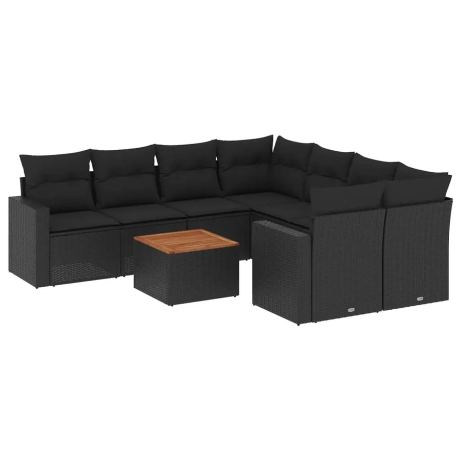 vidaXL 9-tlg Garten-Sofagarnitur aus Poly-Rattan und Akazienholz in Schwarz mit Kissen - Bild 2