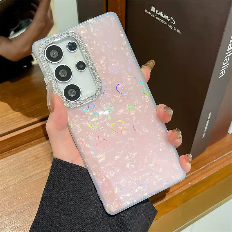 Luxus Glitter Strass Handyhülle mit Herz- und Muschelmuster für Samsung Galaxy S25 S24 FE Ultra Plus in Pink Multicolour - Bild 2