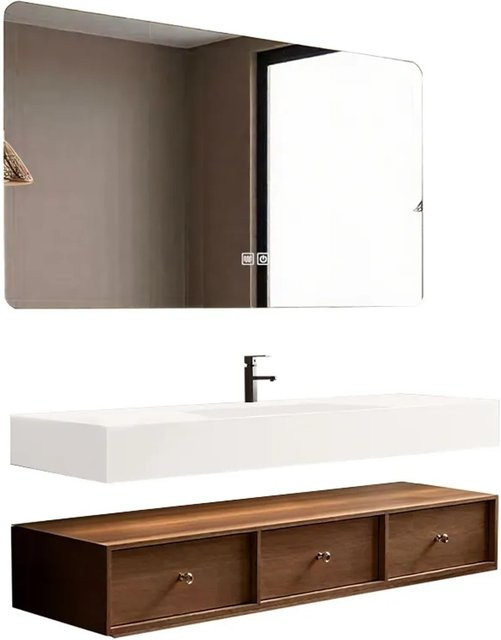 360Home Badezimmer Set mit Sinterstein Waschbecken, braunem Schrank und LED Antibeschlagspiegel, B: 140 cm, T: 55 cm, H: 25 cm - Bild 1