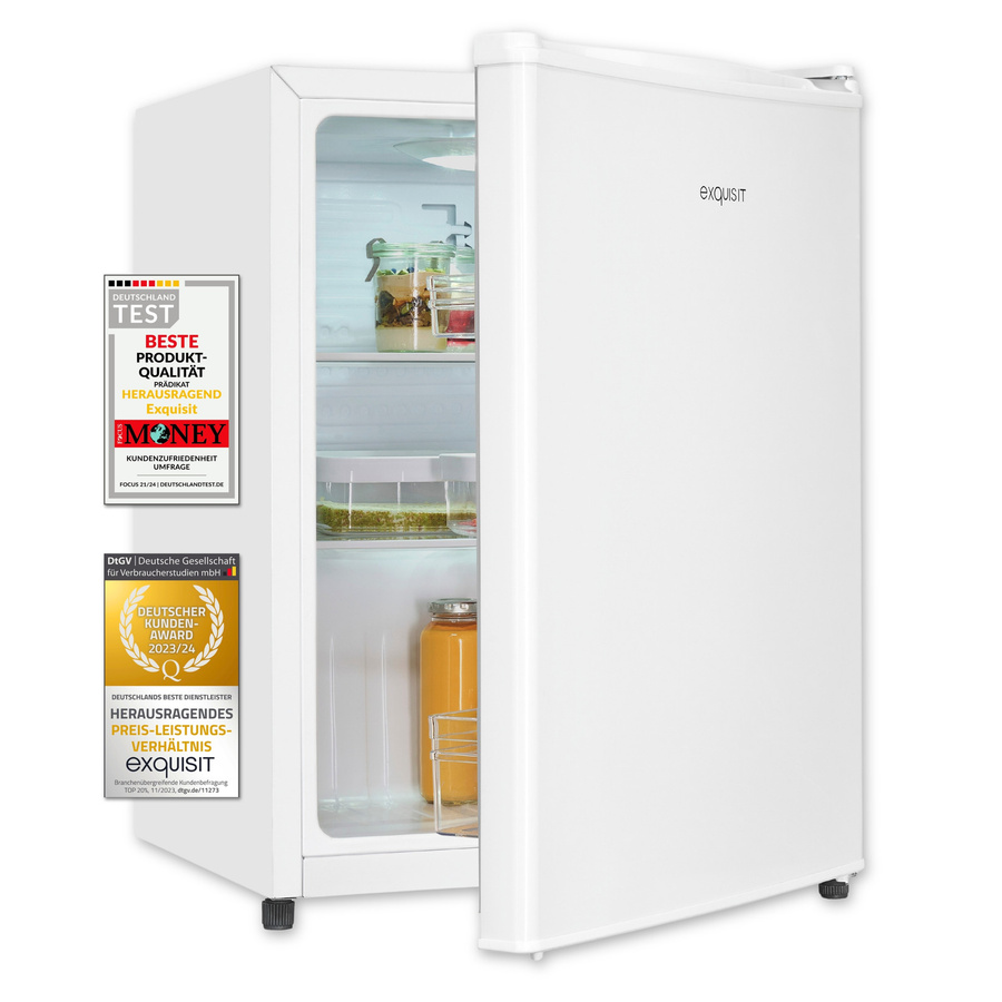 Exquisit Mini Kühlschrank KB560-V-091E in Weiss mit LED-Innenbeleuchtung und Flaschenregal, B/T/H: 45 x 45 x 81 cm - Bild 1