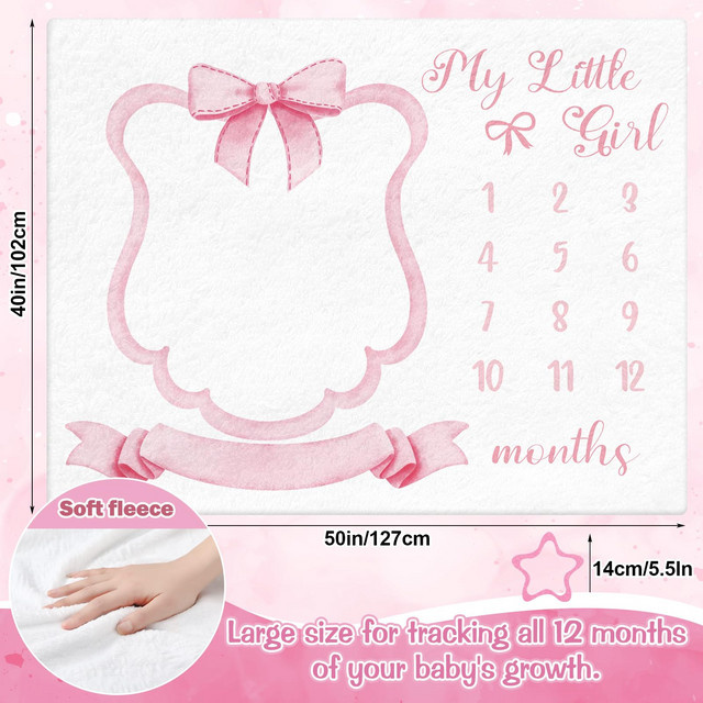 VIKAMA Baby-Meilenstein-Decke aus flauschigem Flanell in Rosa mit Schleife für Neugeborene - Bild 1