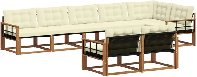 vidaXL Outdoor-Sofagarnitur 8-teilig L-Form aus Akazienholz in Natur mit Kissen in Beige und Weiß - Bild 1