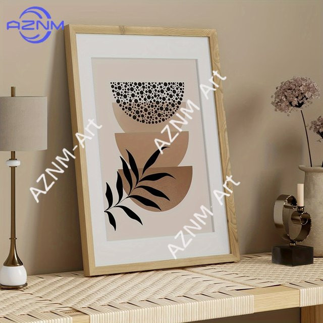 AZNM Leinwand-Wandkunst im Boho-Stil mit abstrakten geometrischen und botanischen Motiven in Beige und Schwarz - Bild 1