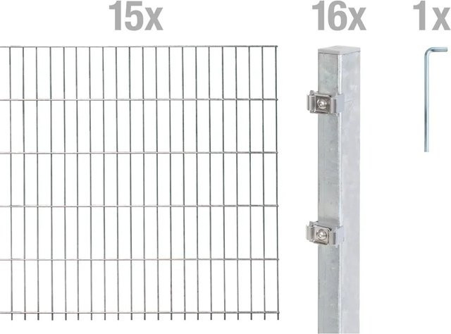 Metallzaun Grund-Set Doppelstabmatte aus Stahl feuerverzinkt in Silber/Grau für die Bodenmontage, Höhe: 100 cm, Breite: 200 cm, Tiefe: 50 cm - Bild 1