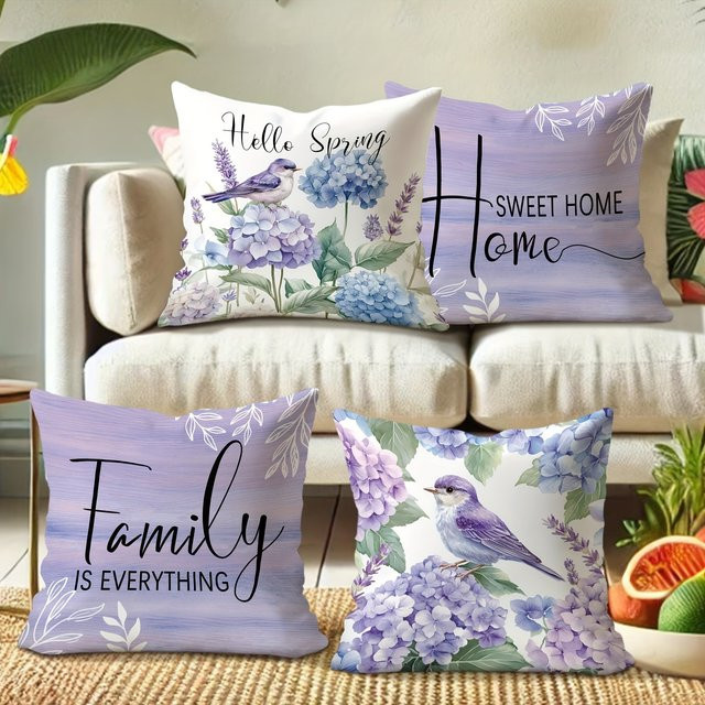 Sweet Home Design Kissenbezug mit Blumen- und Vogelmuster in Lila, quadratisch, 40 x 40 cm - Bild 1