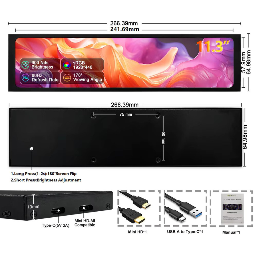 Wisecoco 11,3 Zoll Tragbarer Monitor FHD IPS Stretched Bar Display in Schwarz mit 1920 x 440 Pixeln für PC-Gehäuse und Aida64 - Bild 3