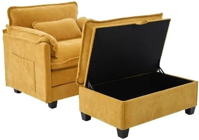 PXloue Stoffsofa Sofasessel aus Samt mit Hocker in Gelb B: 103 cm, T: 85 cm, H: 91 cm - Bild 1