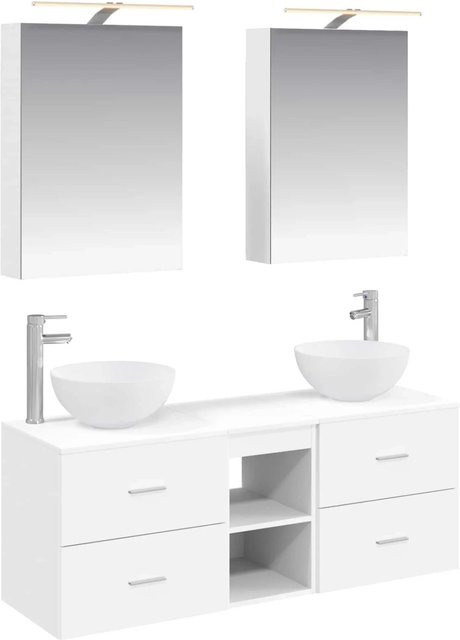 vidaXL Badezimmermöbel-Set 5-teilig in Weiß, modern gestaltet aus Ingenieurholz und Glas mit Spiegelschrank, Wandschrank und Waschtischunterschrank inklusive LED-Beleuchtung - Bild 1