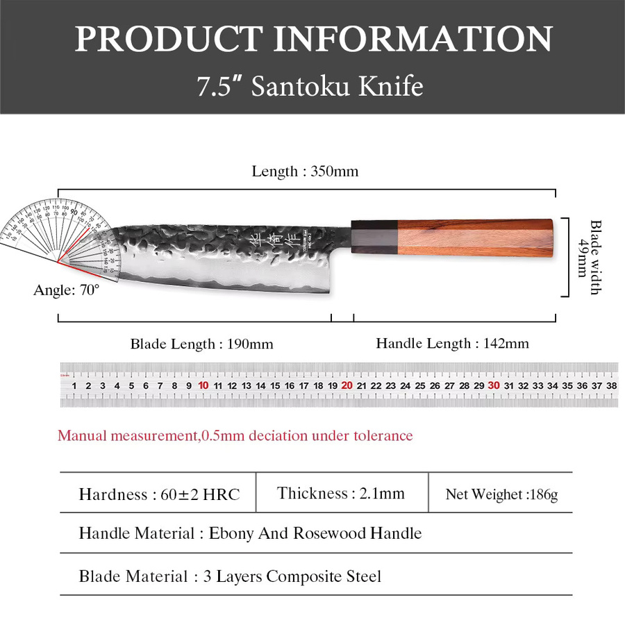 HUAYIGRAND Santoku Kochmesser aus handgeschmiedetem 3-lagigem Verbundstahl, 19,05 cm, Silber - Bild 4