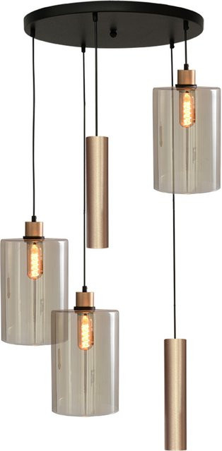 Masterlight Ortona 5-flammige Pendelleuchte in Gold matt mit transparenten Glaselementen, rund und dimmbar - Bild 1