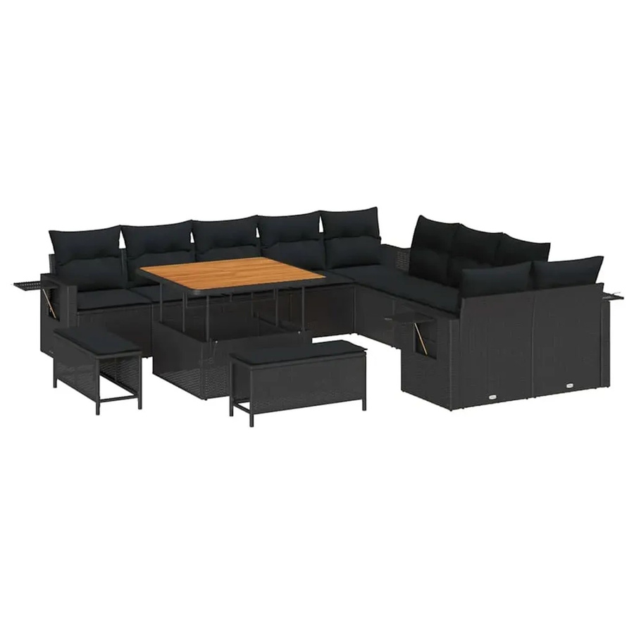 vidaXL Garten-Sofa-Set 13-teilig aus Poly-Rattan und Akazienholz in Schwarz mit Polstern und Tisch - Bild 2