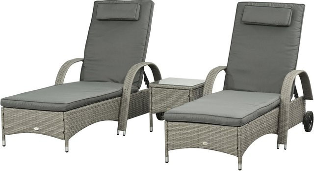 Outsunny 3er-Set Gartenliegen aus Polyrattan und Metall in Grau und Anthrazit mit verstellbarer Kopfstütze und Rollen, B: 73 cm, L: 200 cm, H: 103 cm - Bild 1