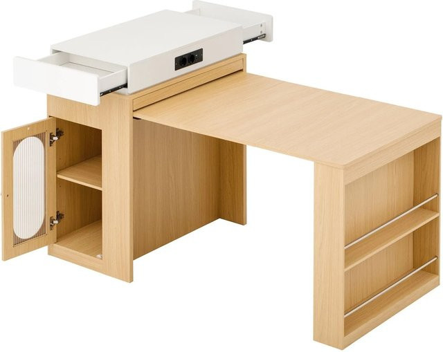okwish Kücheninsel mit Rollen und ausziehbarem Esstisch in Natur, inklusive Steckdosen und Haken, B/T/H: 83 x 46 x 96 cm bis 146 x 96 cm - Bild 1