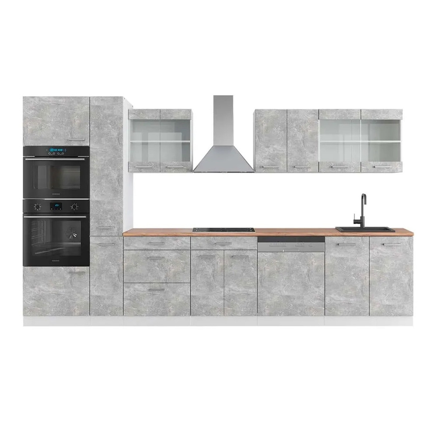 Vicco R-Line Küchenzeile in Beton-Optik und Weiß mit Hochschrank in Eiche, Breite: 350 cm - Bild 2