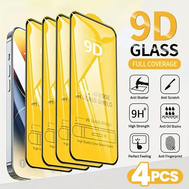 DIXSG 4er Set 9D Full Cover Displayschutzfolie aus gehärtetem Glas für iPhone 11 12 13 14 15 16 Pro Max Plus und SE, transparent - Bild 1