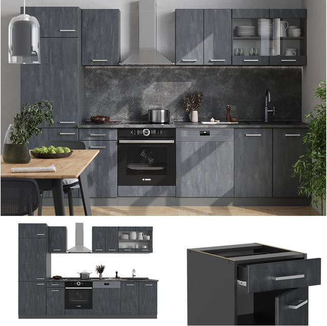 Vicco R-Line Küchenzeile in Schwarz und Anthrazit Beton, Breite: 300 cm - Bild 1