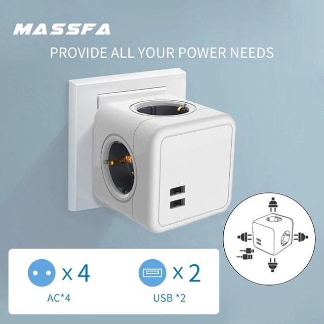 MASSFA Multi USB-Steckdosenleiste in Würfelform mit 4 EU-Steckdosen und 2 USB-A Anschlüssen, Weiß/Blau, 3680W - Bild 1