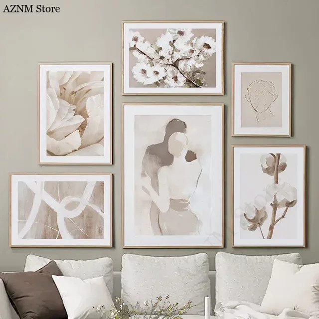 Potdemiel Wandkunst Leinwandmalerei Beige Pfirsichblüte und Schwan im Nordic Design - Bild 1