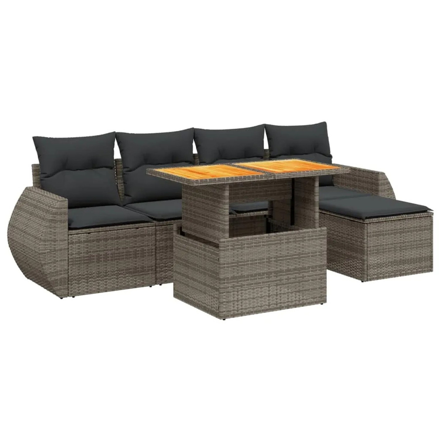 vidaXL 6-teilige Garten-Sofagarnitur in L-Form aus grauem Poly-Rattan mit Kissen und Acacia-Holztisch - Bild 2