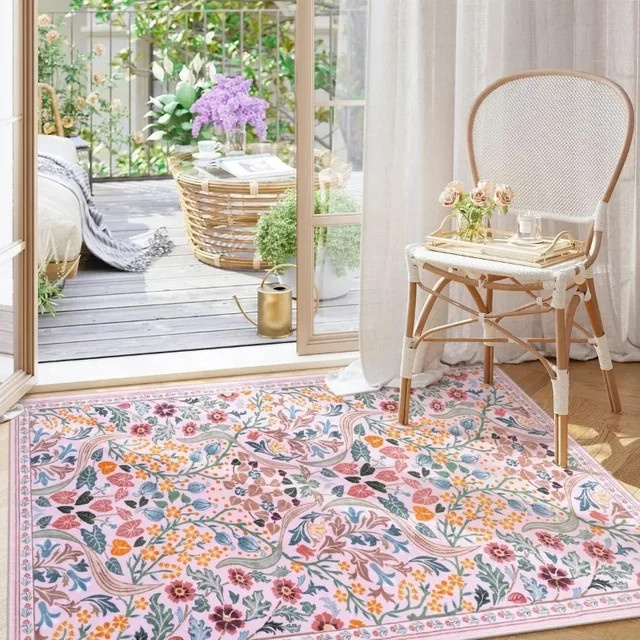VIKAMA Boho Blumenteppich mit floralem Muster, waschbarer rechteckiger Teppich für Wohnzimmer und Schlafzimmer, Mehrfarbig - Bild 1