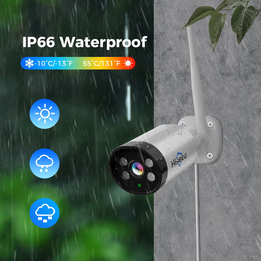Hiseeu 3MP Drahtlose IP Kamera für den Außenbereich, Wasserdichte WiFi CCTV Überwachungskamera in Weiß mit P2P-Funktion für Eseecloud - Bild 2