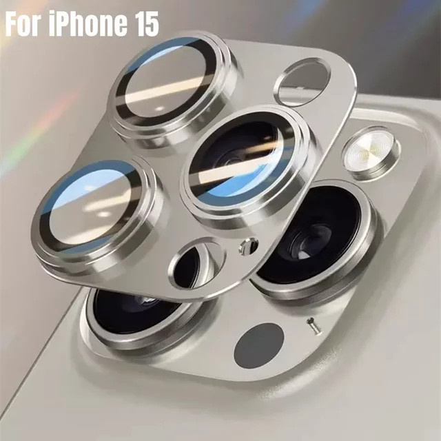Metall-Kameraschutz für iPhone 15 16 Pro Max und 15 Plus in Silber mit gehärtetem Glas und vollständiger Abdeckung aus Legierung - Bild 1