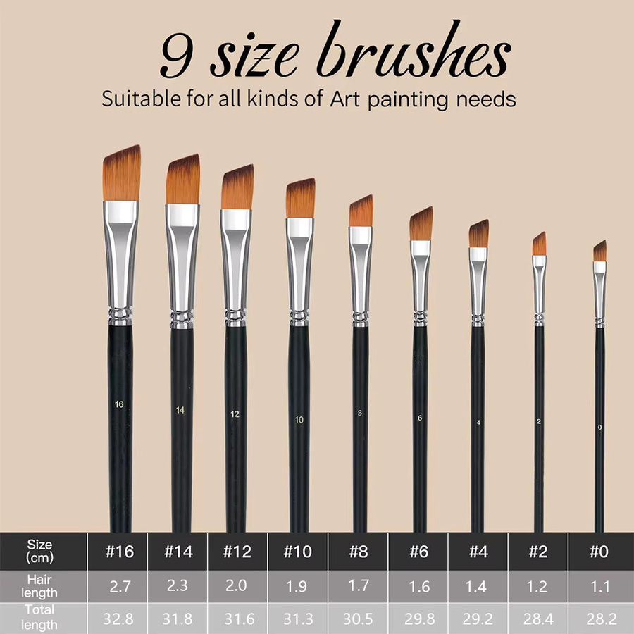 9-teiliges Yutiars Pinselset mit abgewinkelten langen Griffen und schwarzen synthetischen Nylonborsten für Acryl und Aquarell - Bild 3