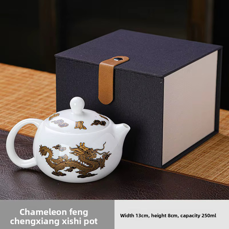 Handgefertigte Fengming Teekanne aus Wildleder-Jadeporzellan in Gold und Weiß, Xishi Dezhong Teekanne - Bild 5