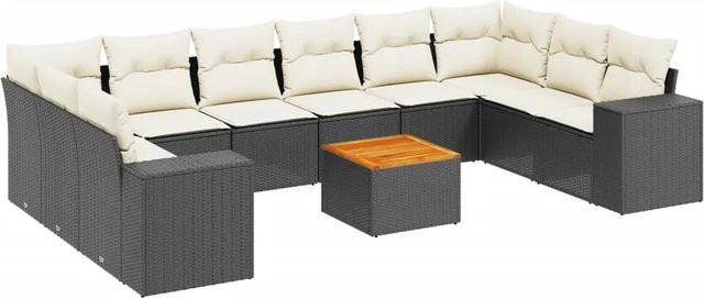 vidaXL 11-tlg. Garten-Sofagarnitur in U-Form aus Poly-Rattan mit Kissen in Schwarz - Bild 1