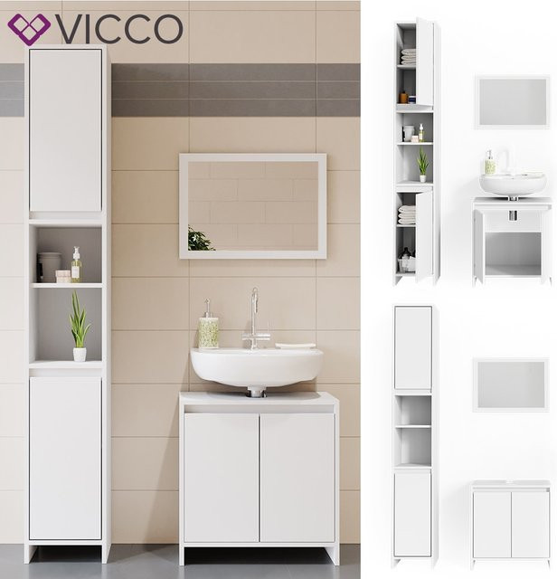 Vicco Badmöbel Set Emma Weiß 3er Set mit Spiegel, Waschtischunterschrank und Hochschrank - Bild 1